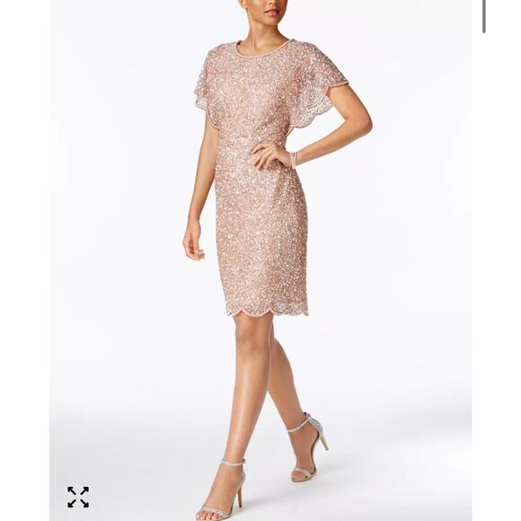 Adrianna Papell Dresses & Skirts - ADRIANNA PAPELL Sequin SHEATH ROSE GOLD FLUTTER SLEEVES COCKTAIL DRESS Size 14